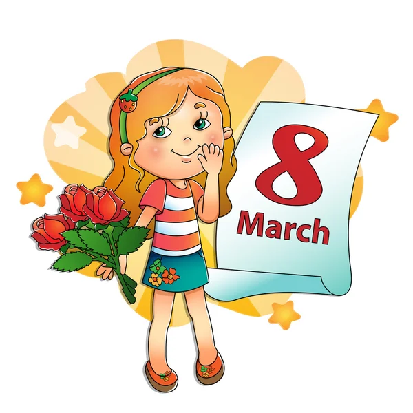 8 de marzo. Chica con ramo de rosas con un calendario — Vector de stock