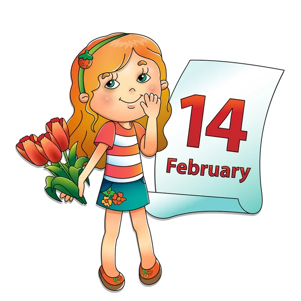 Chica con ramo de tulipanes con un calendario. 14 de febrero . — Vector de stock