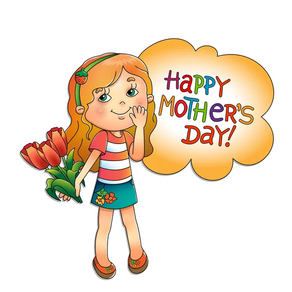 Mother's Day. Mooi meisje met boeket tulpen in hand — Stockvector