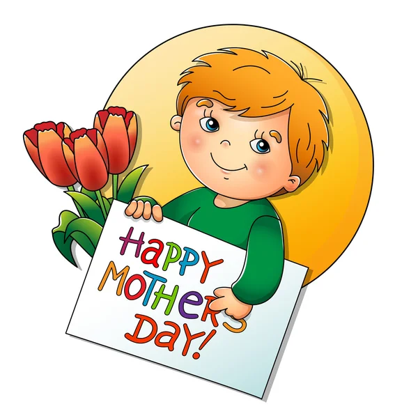 Schattige jongen met een kaart voor Mother's Day met bloemen — Stockvector