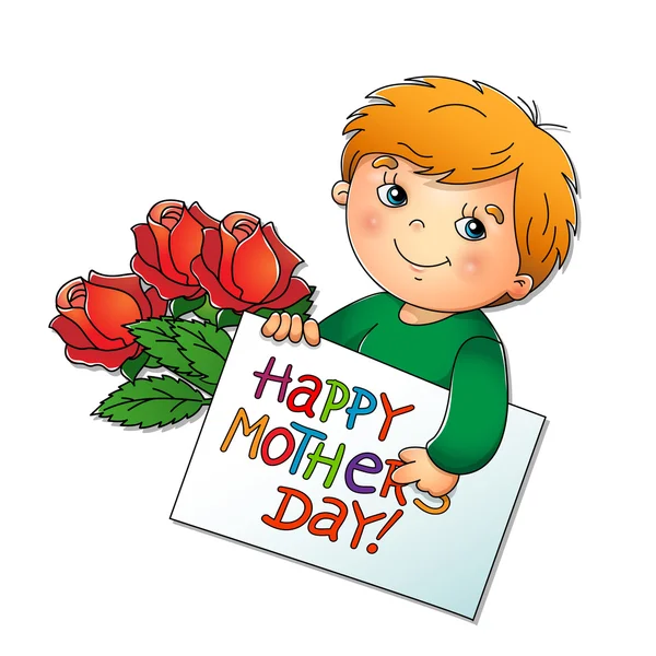 Schattige jongen met een kaart voor Mother's Day met bloemen Moederdag. — Stockvector