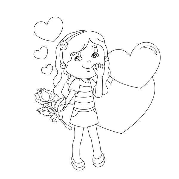 Окраска страницы очертания девушки с розой и с сердцем — стоковый вектор