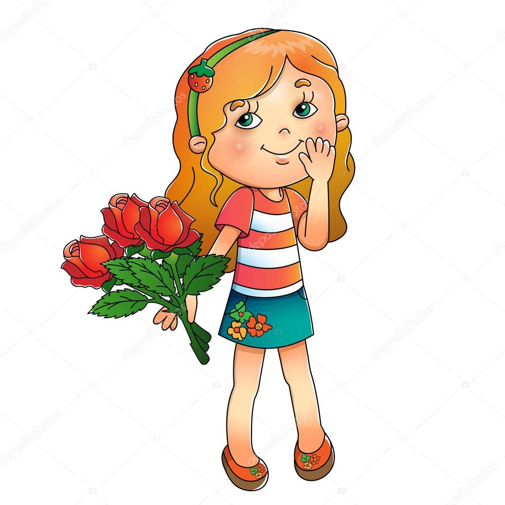 Charming girl holding a bouquet of roses isolated on white 