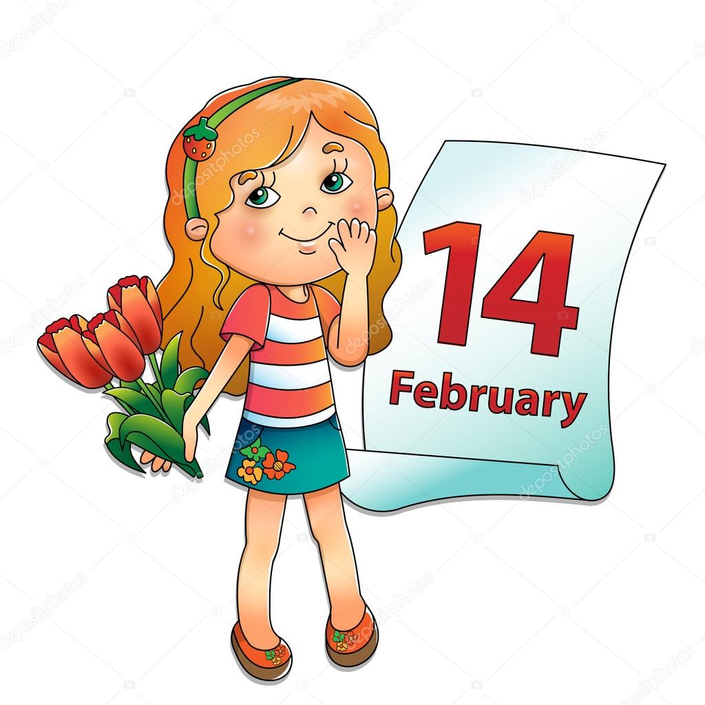 Girl with bouquet of tulips with a calendar. February 14. 