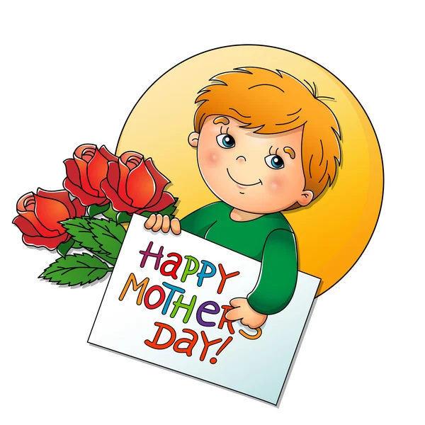 Schattige jongen met een kaart voor Mother's Day met bloemen Moederdag. — Stockvector