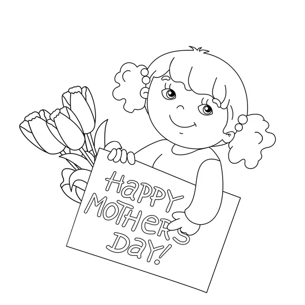 Kleurplaat paginaoverzicht van meisje met kaart voor Mother's Day met fl — Stockvector