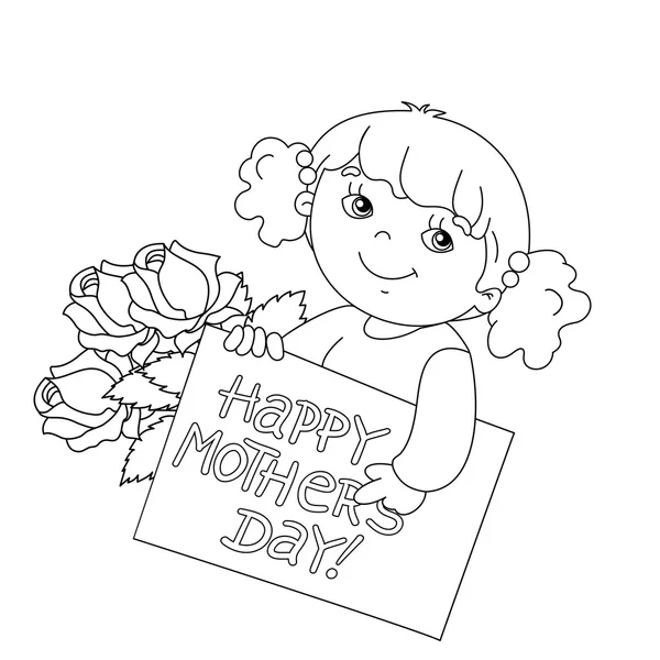 Kleurplaat paginaoverzicht van meisje met kaart voor Mother's Day met fl — Stockvector
