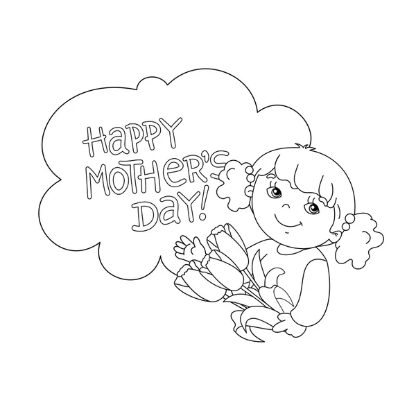 Het paginaoverzicht van de kleuring van meisje met bloemen. Mother's Day. — Stockvector