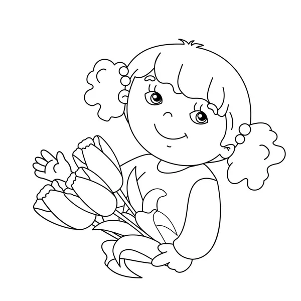 Kleurplaat paginaoverzicht van meisje met boeket tulpen — Stockvector