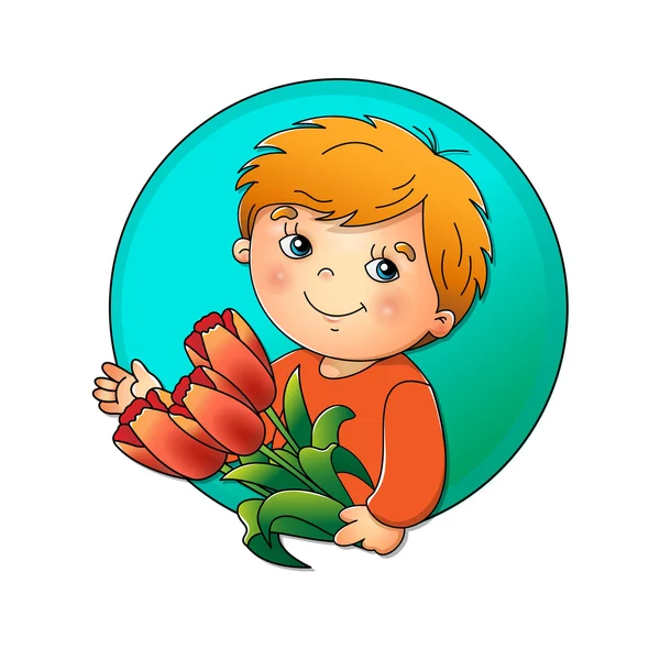 Encantador niño sosteniendo un ramo de tulipanes aislados en blanco — Vector de stock