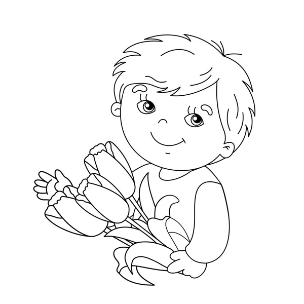 Desenho de página de coloração de menino com buquê de tulipas — Vetor de Stock