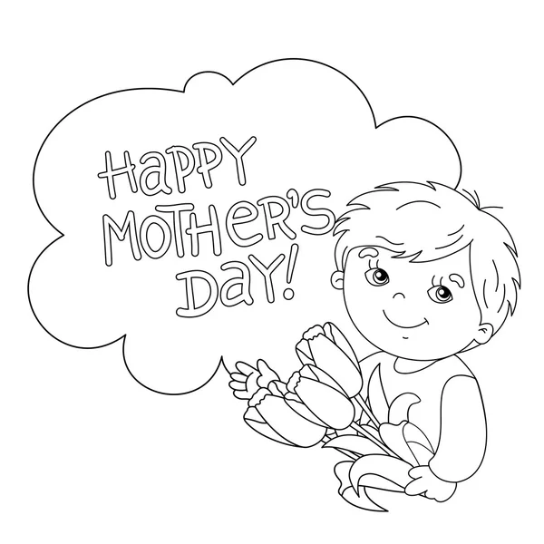 Het paginaoverzicht van de kleuring van jongen met bloemen. Mother's Day. — Stockvector