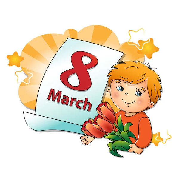 8 de marzo. Lindo chico con flores en la mano con un calendario — Vector de stock