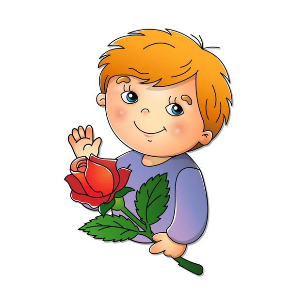 Niedlicher Junge mit Rose in der Hand auf weißem Hintergrund — Stockvektor