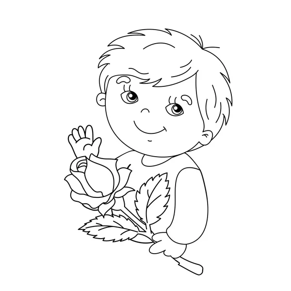 Dibujo para colorear de Cute boy con rosa en la mano — Vector de stock