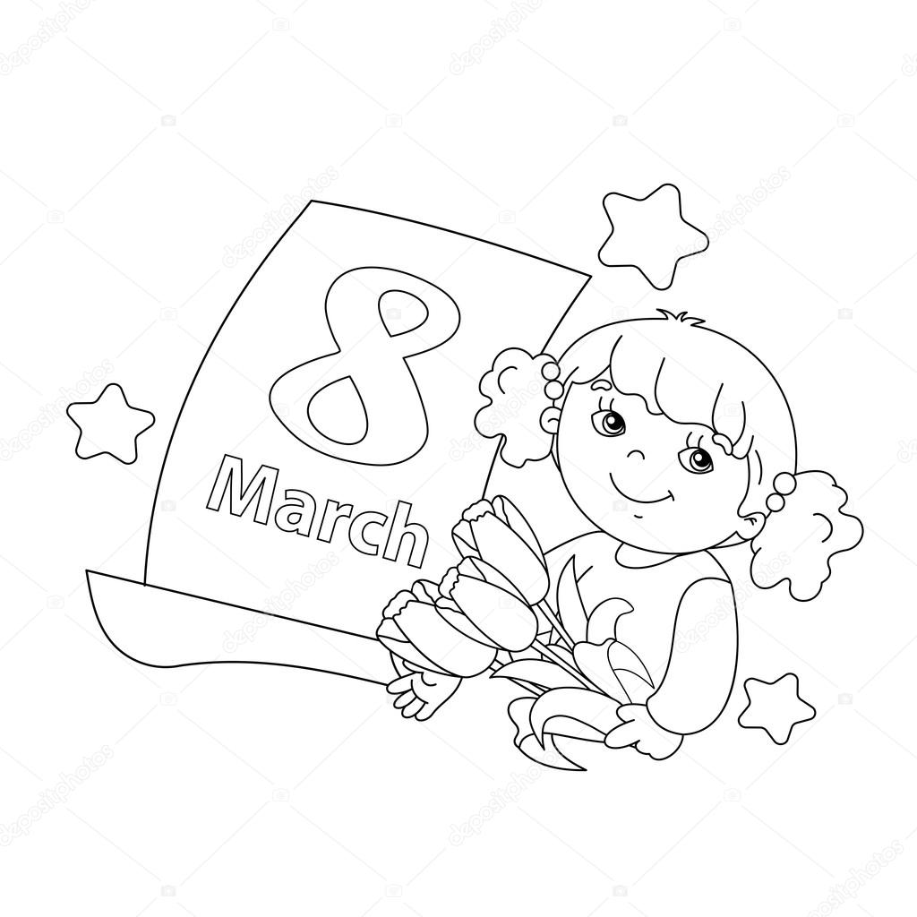 Coloring page outline of girl with flowers with calendar. March 
