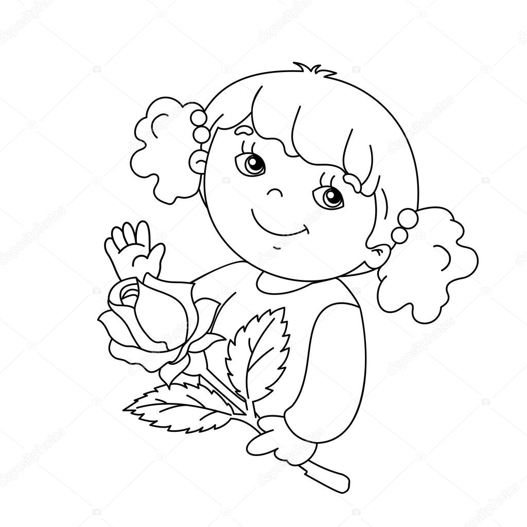 Coloring page outline of Beautiful girl with rose  in hand 