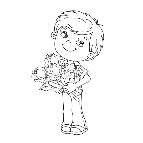 Página para colorear Esquema de niño sosteniendo un ramo de rosas — Vector de stock