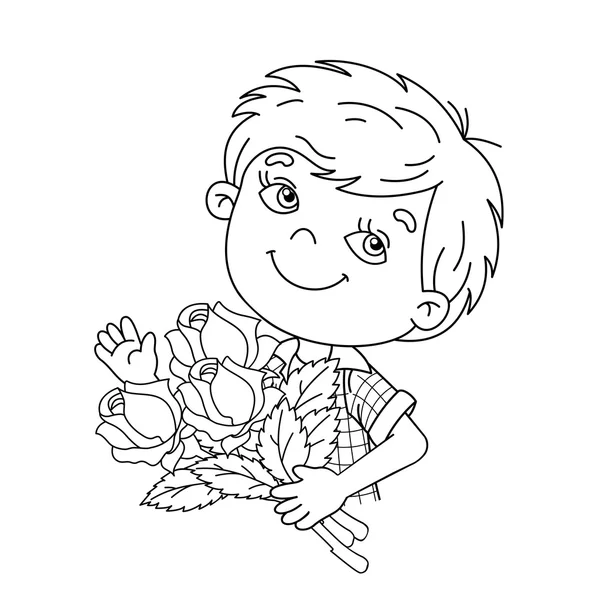 Página para colorear Esquema de niño sosteniendo un ramo de rosas — Vector de stock