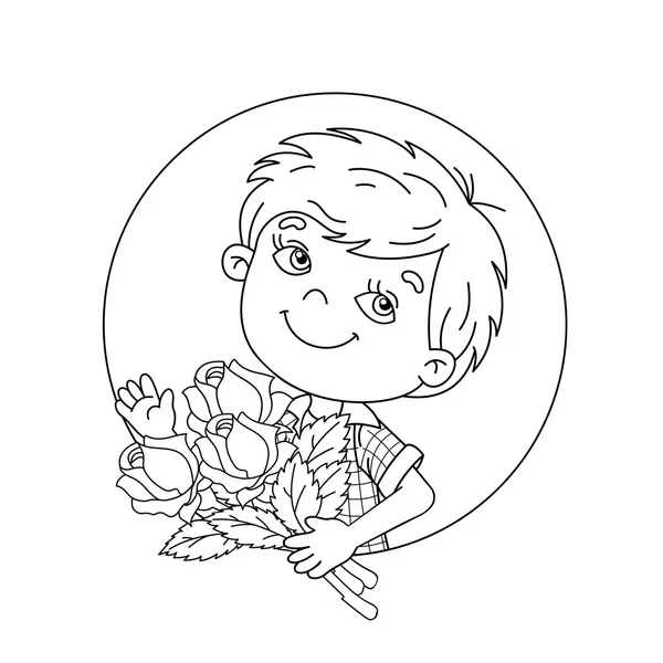 Página para colorear Esquema de niño sosteniendo un ramo de rosas — Vector de stock