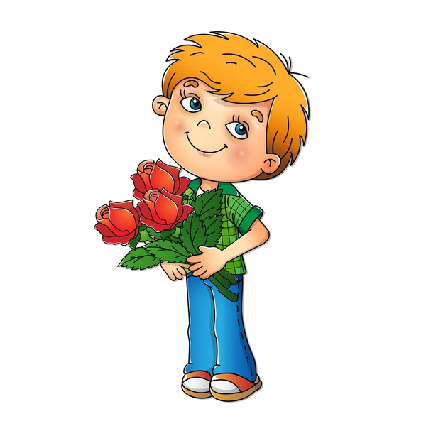 Encantador niño sosteniendo un ramo de rosas — Vector de stock