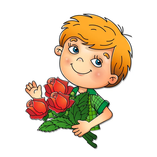 Niño sosteniendo un ramo de rosas aisladas en blanco — Vector de stock