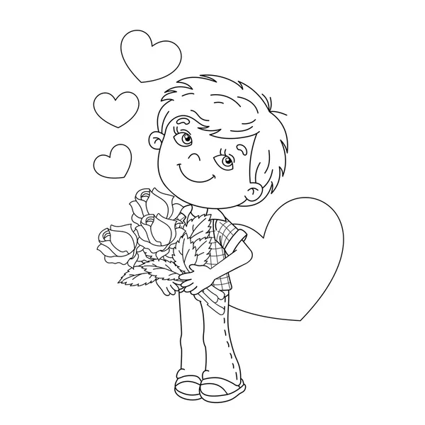 Coloriage contour de garçon avec des roses avec des cœurs — Image vectorielle
