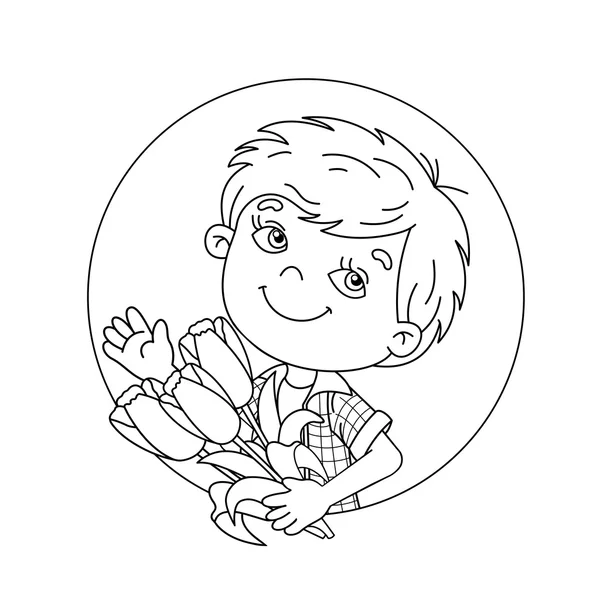 Coloring Page Outline Of boy holding a bouquet of Tulips - Stok Vektor