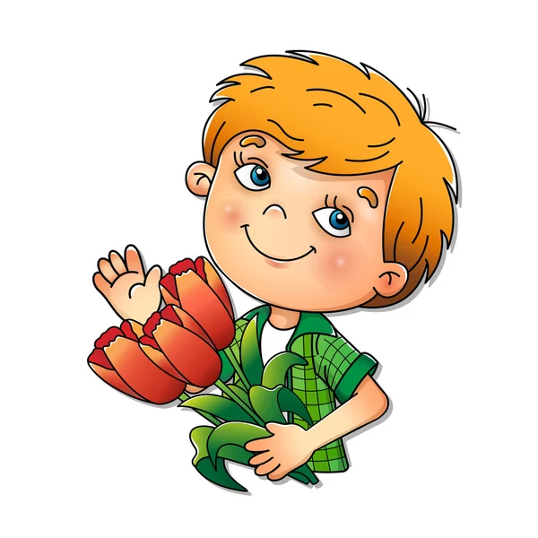 Niño sosteniendo un ramo de tulipanes aislados en blanco — Vector de stock