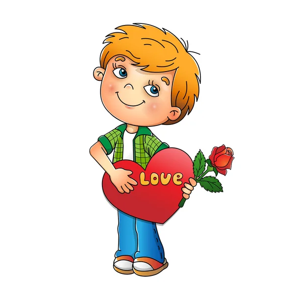 Valentine's day. Boy with rose in hand with heart — Stock Vector