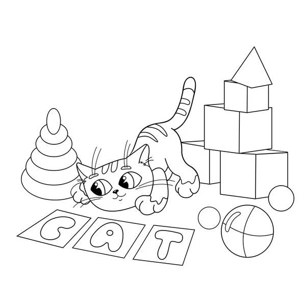 Kolorowanki Strona konspektu z kot kreskówka gra z zabawkami — Wektor stockowy