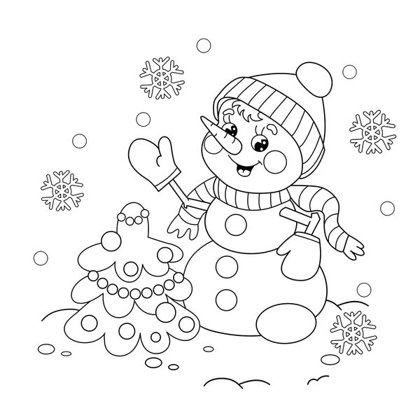 Desenho de página para colorir de boneco de neve com árvore de Natal —  Vetores de Stock