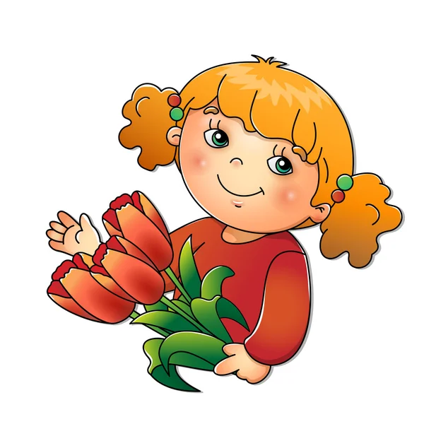 Charming girl holding a bouquet of tulips isolated on white — Stock Vector