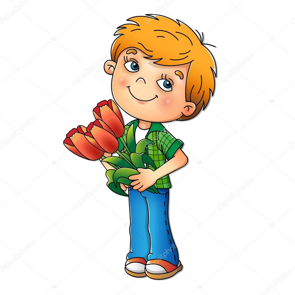 Charming boy holding a bouquet of Tulips 