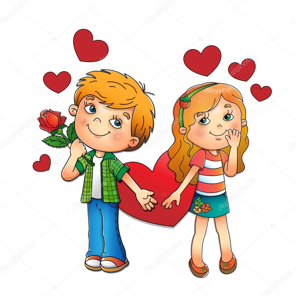 Valentine's day. Boy and girl with hearts isolated on white 