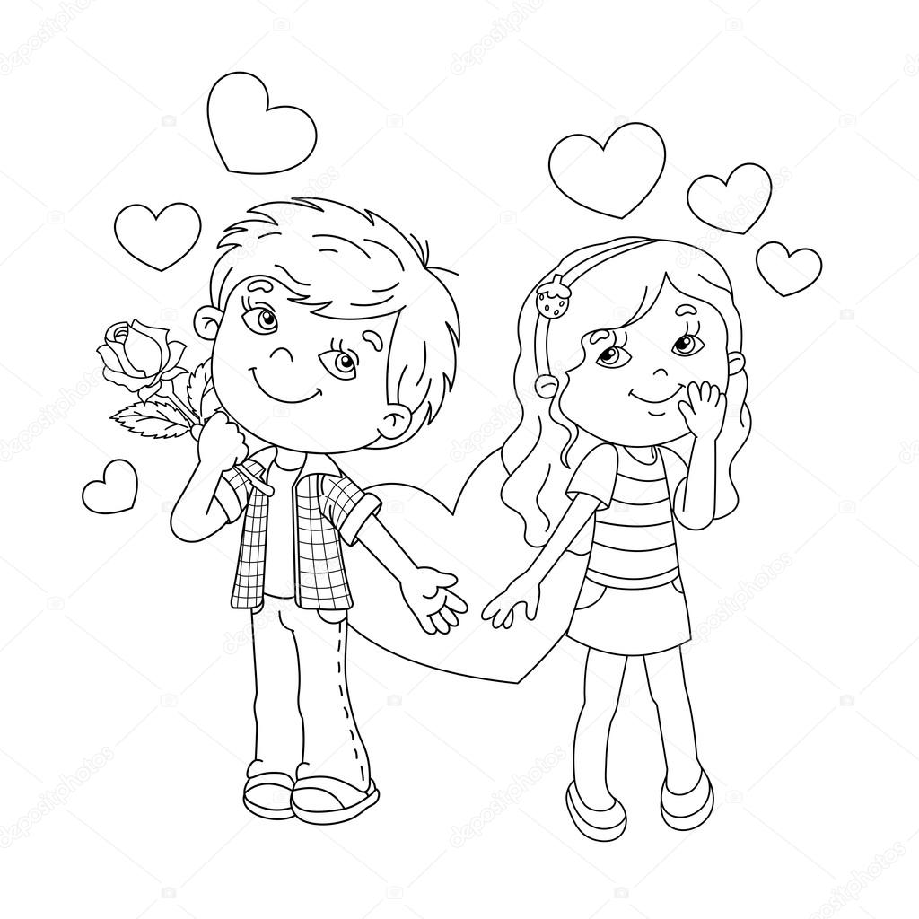 Coloring Page Outline Of Boy and girl with hearts 