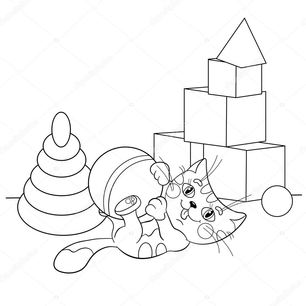 Coloring Page Outline Of cartoon cat playing with toys