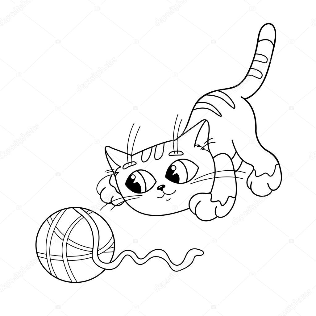 Disegni da colorare pagina muta di un gatto del fumetto che gioca con il gomitolo di lana Libro da colorare per bambini — Vettoriali di Oleon17