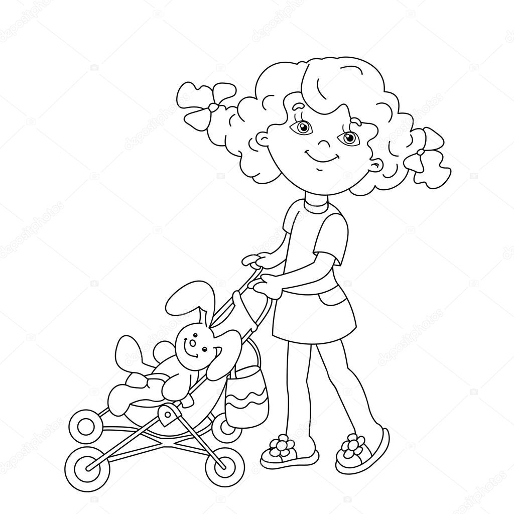 Disegni da colorare pagina muta della ragazza del fumetto che gioca con le bambole con passeggino Libro da colorare per bambini — Vettoriali di Oleon17