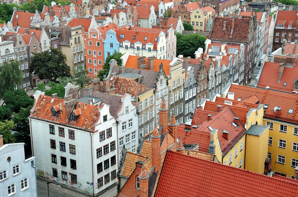 GDANSK, POLAND - JULY 15, 2013: Fragment of the Gdansk panorama. Many red roofs of the old town. Poland on July 15, 2013.