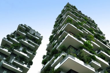 Milan ağaçlarda büyüyen ile iki gökdelen. Arama