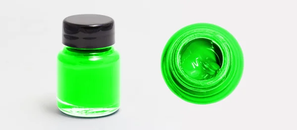 Kalk Acrylfarbe Flasche Seiten- und Draufsicht weiß isoliert — Stockfoto