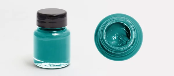 Teal Acrylfarbe Flasche Seiten- und Draufsicht weiß isoliert mit — Stockfoto
