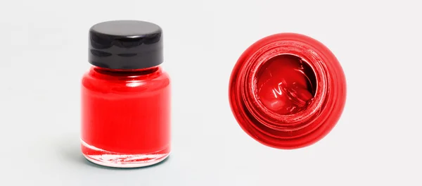 Rote Acrylfarbe Flasche Seiten- und Draufsicht weiß isoliert mit c — Stockfoto