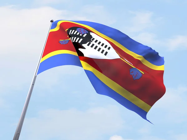 Swazimaa lippu liehuu kirkkaalla taivaalla . — kuvapankkivalokuva