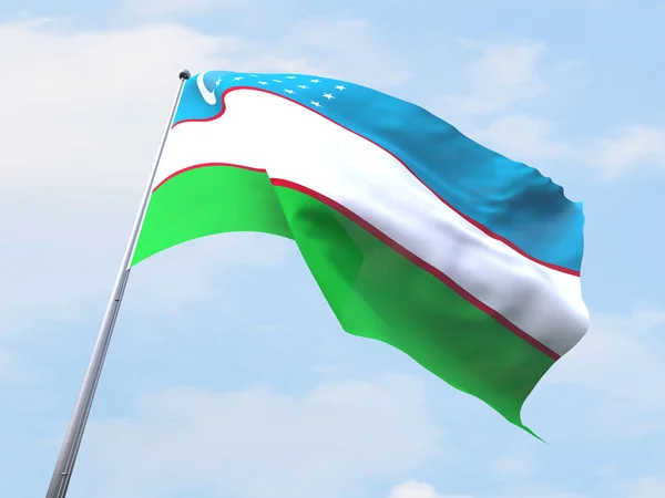 Uzbekistan flag flying on clear sky. — Stock Photo, Image