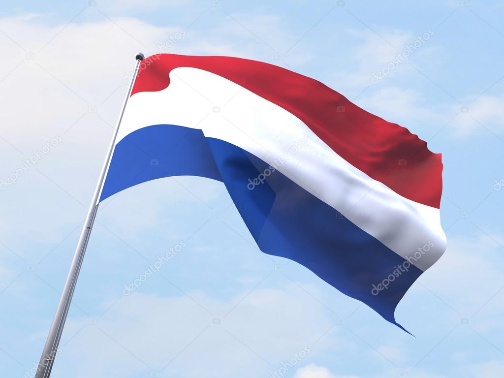 Netherlands flag flying on clear sky.