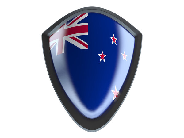 New Zealand flag on metal shield isolate on white background.