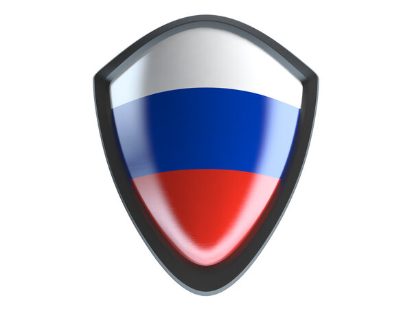 Russia flag on metal shield isolate on white background.