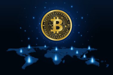 Dünya haritasında altın bitcoin dijital para, gelecekteki dijital para, 